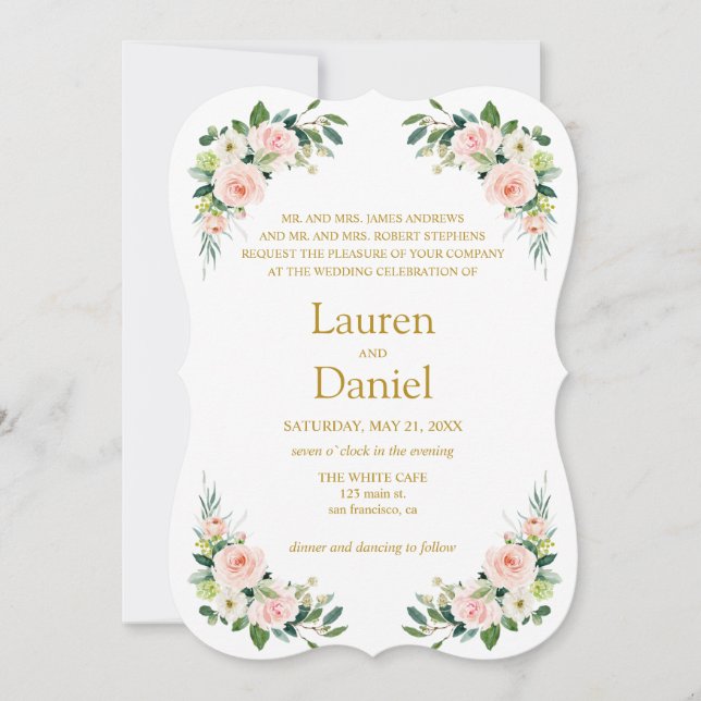 Invitación Moderno Rubor Gold Flowers boda de frases clásicas (Anverso)