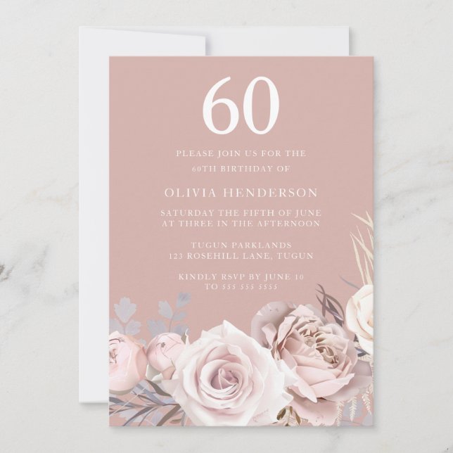 Invitación Moderno Rubor & Mauve Floral 60 cumpleaños (Anverso)