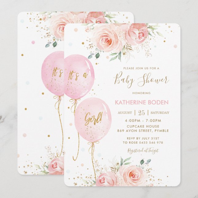 Invitación Moderno Rubor Pink Floral Globos Gold Baby Shower (Anverso / Reverso)