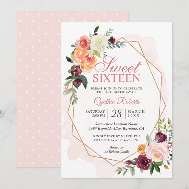 Invitación Moderno Rubor Pink Floral Sweet 16 cumpleaños fies (Anverso / Reverso)