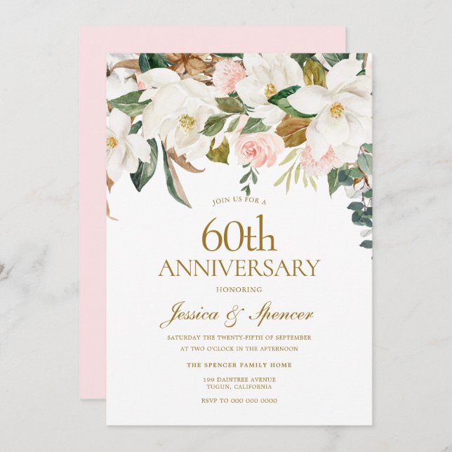 Invitación Moderno Rubor White Floral 60º aniversario Boda (Anverso / Reverso)