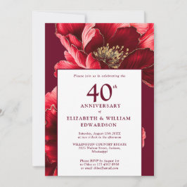 Invitación Moderno Ruby Rojo Y Floral De Oro 40 Aniversario