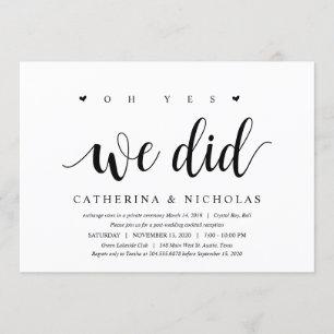 Invitación Moderno Rústico, Escritura Negra, Huida de Boda
