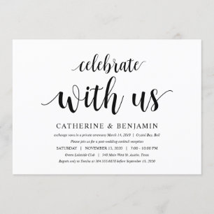 Invitación Moderno Rústico, Escritura Negra, Huida de Boda
