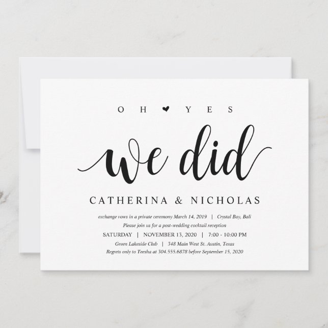 Invitación Moderno Rústico, Letra Negra, Huida de Boda (Anverso)