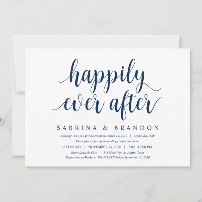 Invitación Moderno Rústico Lindo Azul Marino, Boda Huida (Anverso)