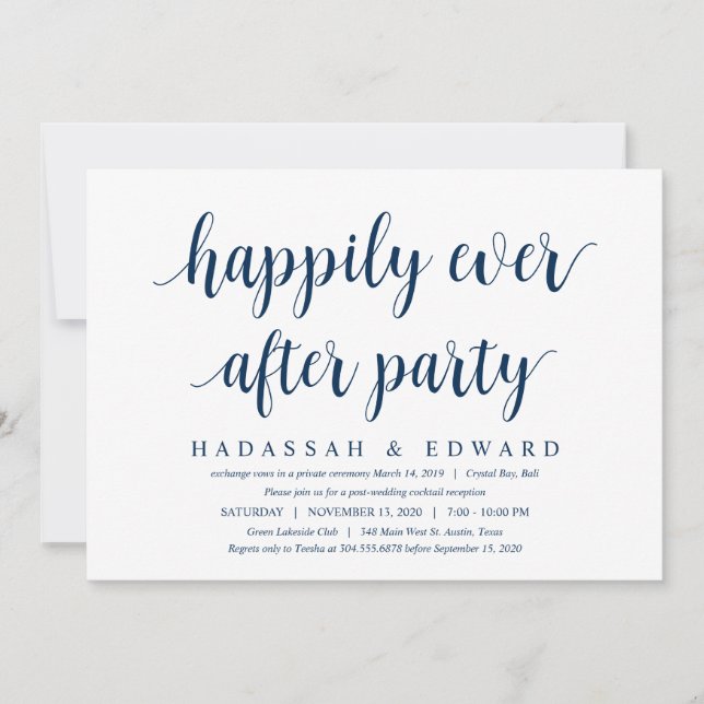 Invitación Moderno Rústico Lindo Azul Marino, Boda Huida (Anverso)
