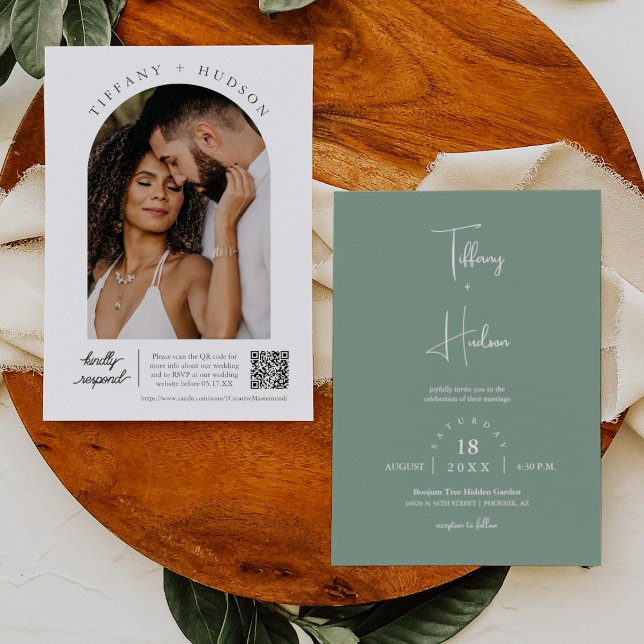 Invitación Moderno Sage Green Boho Boda Arch Foto Código QR (Subido por el creador)
