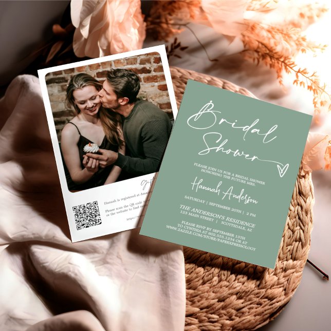 Invitación Moderno Sage Green Boho Bridal Shower QR Code Phot (Subido por el creador)