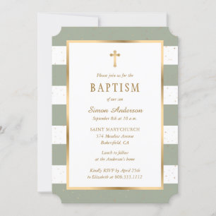 Invitación Moderno Sage Green Gold Cross Stars Baptism