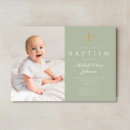 Invitación Moderno Sage Green Religious Cross Photo Baptism