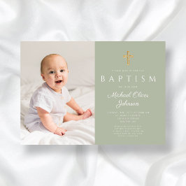 Invitación Moderno Sage Green Religious Cross Photo Baptism