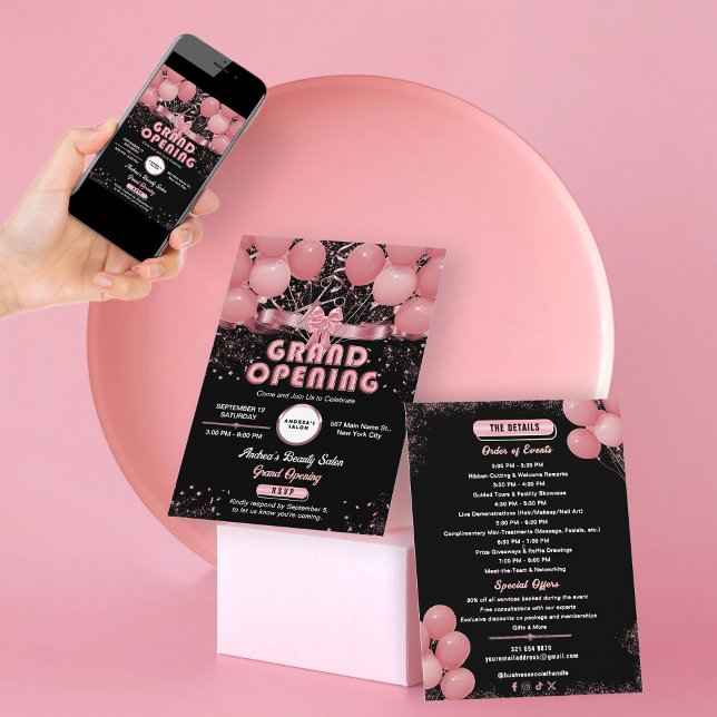 Invitación Moderno Salón de negocios Gran Apertura Negro Rosa (Subido por el creador)