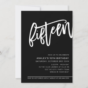 Invitación MODERNO SCRIPT 15ª fiesta de cumpleaños blanco neg
