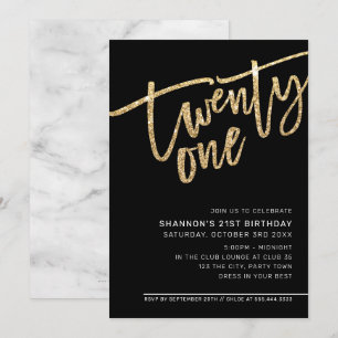Invitación MODERNO SCRIPT 21ª fiesta purpurina de oro negro
