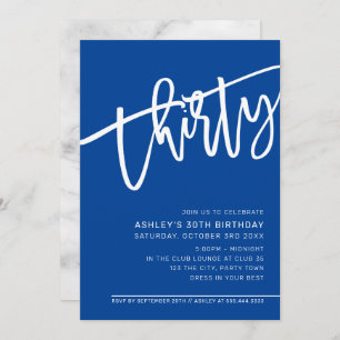 Invitación MODERNO SCRIPT 30 cumpleaños fiesta azul real