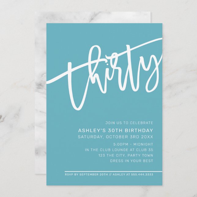 Invitación MODERNO SCRIPT 30 cumpleaños fiesta turquesa blanc (Anverso / Reverso)