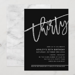 Invitación MODERNO SCRIPT 30 cumpleaños purpurina de plata ne