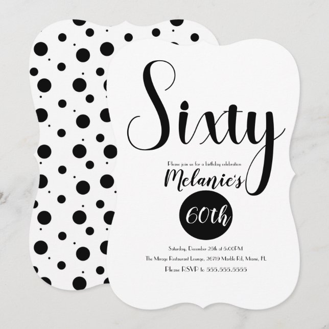 Invitación Moderno Script 60th Negrita Puntos Negros y Blanco (Anverso / Reverso)