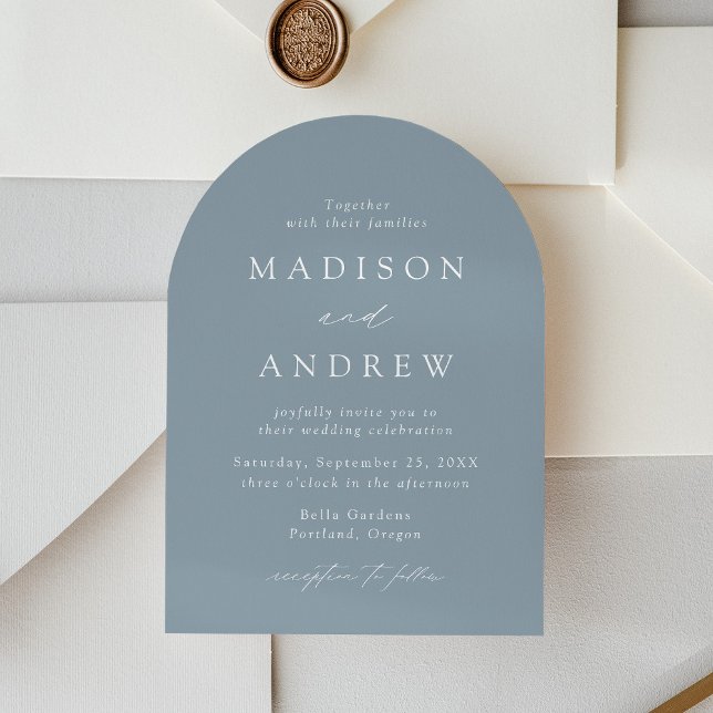Invitación Moderno Script Elegante Arco Nupcial Azul Polvorie (Subido por el creador)