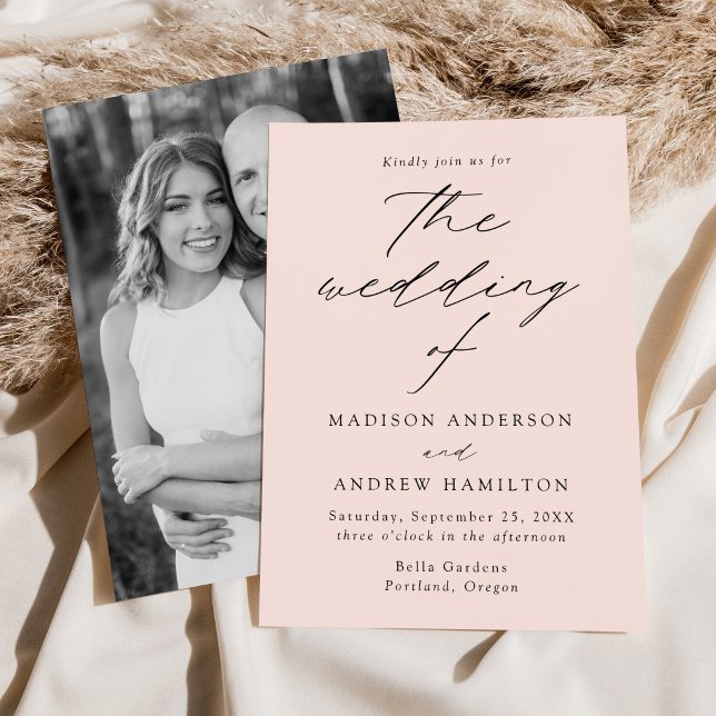 Invitación Moderno Script Elegante Rosa Foto Boda (Subido por el creador)