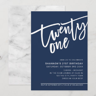 Invitación MODERNO SCRIPT fiesta de 21 años azul marino oscur