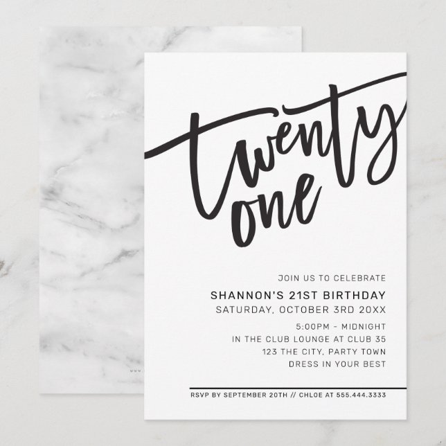 Invitación MODERNO SCRIPT fiesta de 21 años blanco negro (Anverso / Reverso)