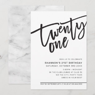 Invitación MODERNO SCRIPT fiesta de 21 años blanco negro