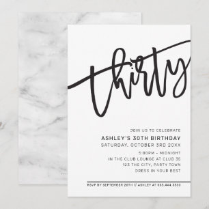 Invitación MODERNO SCRIPT fiesta de 30 años blanco negro