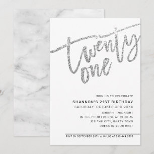Invitación MODERNO SCRIPT purpurina de plata fiesta de 21 año