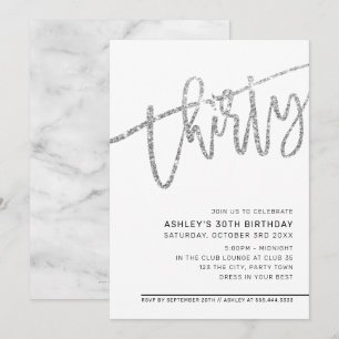 Invitación MODERNO SCRIPT purpurina de plata fiesta de 30 año