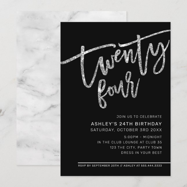 Invitación MODERNO SCRIPT purpurina de plata negra de 24 años (Anverso / Reverso)