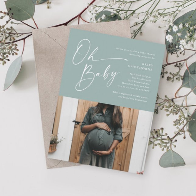 Invitación Moderno Script Sage Green Photo Baby Shower (Subido por el creador)