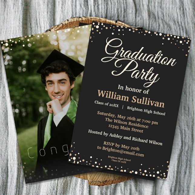 Invitación Moderno Script Simple Photo Graduation Party (Celebrate your graduation in style with this Gold Sparkles Graduation Party Invitation. #sparkles)