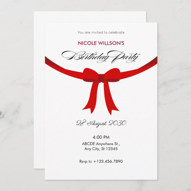 Invitación Moderno Sencillo y elegante cumpleaños de cinta ro (Anverso / Reverso)