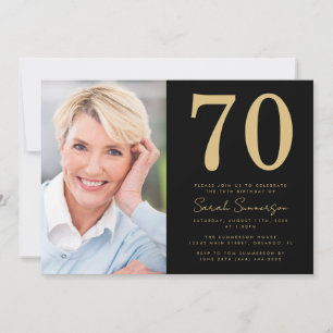 Invitación Moderno Septuagésimo Oro Negro Foto 70 Cumpleaños