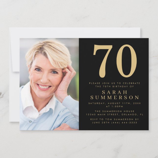 Invitación Moderno Setenta Negro Oro Foto 70 Cumpleaños (Anverso)