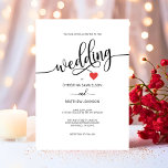 Invitación Moderno, simple negro, blanco Boda de corazón rojo<br><div class="desc">Sencillo, moderno y elegante. Clásicas invitaciones personalizadas de bodas en blanco, negro y rojo. Boda de caligrafía de guion con un pequeño corazón en el medio. Se pueden cambiar el tipo de letra, el tamaño y el color del texto. Fácil de editar tarjetas. La parte posterior de la tarjeta es...</div>