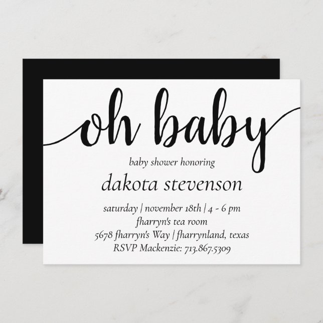 Invitación Moderno simple Oh bebé | Flourish Script Shower (Anverso / Reverso)