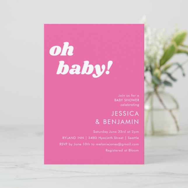 Invitación Moderno, Simple Y Caliente Rosa Oh Baby Shower (Anverso de pie)