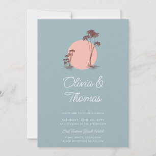 Invitación Moderno Sketch Palm Trees Dusty Blue Beach Wedding