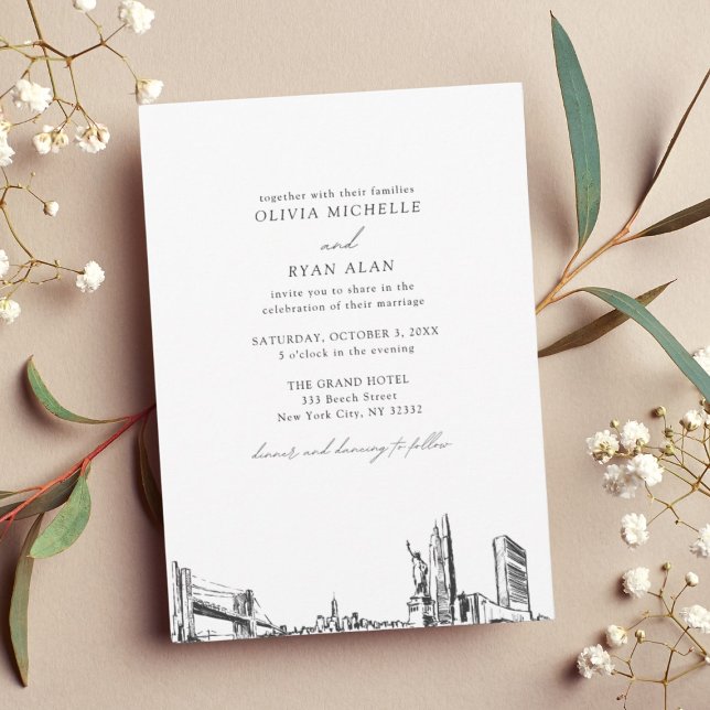 Invitación Moderno Skyline Black & White Boda de la ciudad de (Modern Skyline Black & White New York City Wedding Invitation)