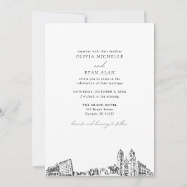 Invitación Moderno Skyline Boda de Newark blanco y negro