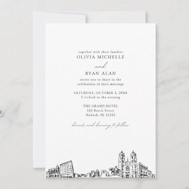 Invitación Moderno Skyline Boda de Newark blanco y negro (Anverso)