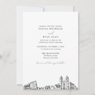Invitación Moderno Skyline Boda de Newark blanco y negro
