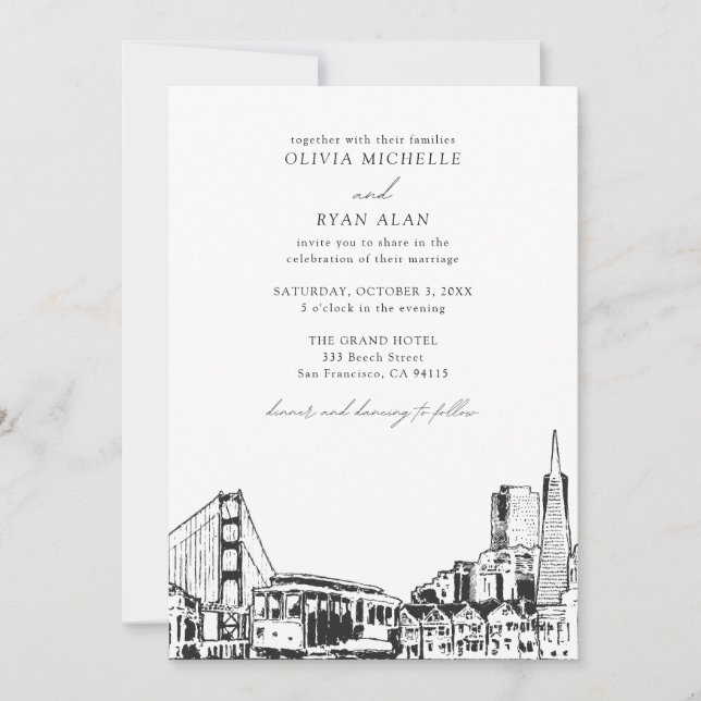 Invitación Moderno Skyline Boda de San Francisco en blanco y  (Anverso)