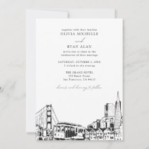 Invitación Moderno Skyline Boda de San Francisco en blanco y