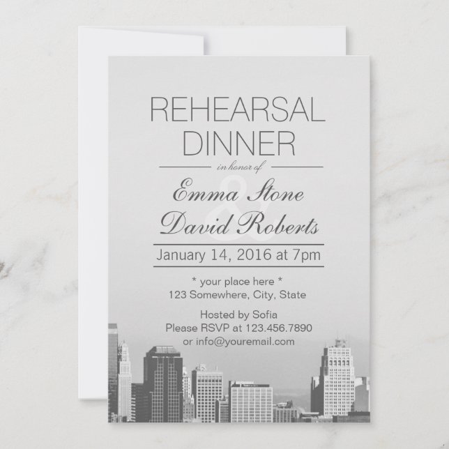 Invitación Moderno Skyline de la ciudad Destino Ensayo Cena (Anverso)