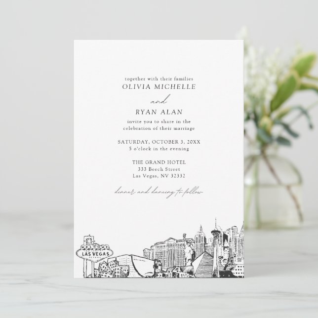 Invitación Moderno Skyline Las Vegas Boda blanco y negro (Anverso de pie)