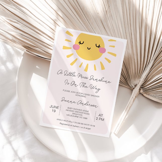 Invitación Moderno Sol Rosa Pequeña Miss Sunshine Baby Shower (Sunshine Baby Shower Invitation Template, A Little Sunshine is on the way Baby Shower Invitation )